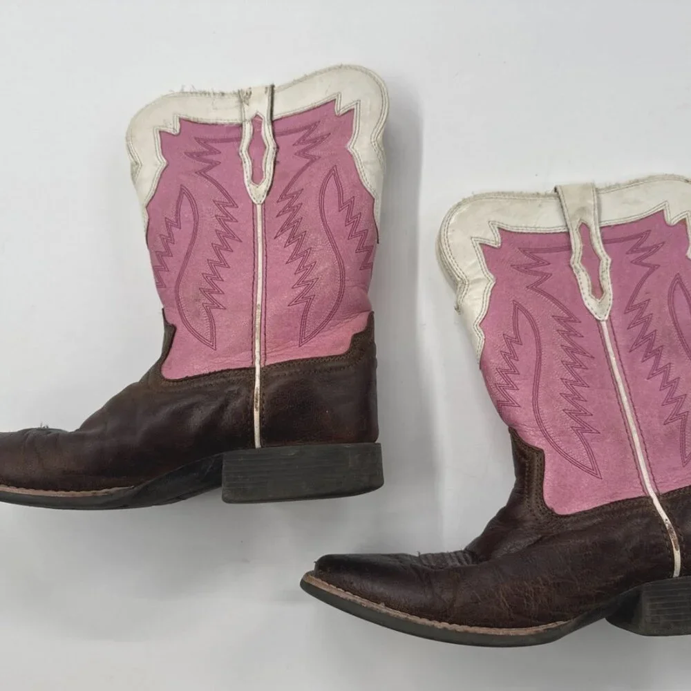 Ariat Tuscadero Boots Girls Youth 3 Pink Brown Square Toe Western Embroidered